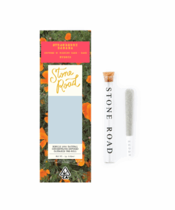 Stone Road Strawberry Banana Hybrid cannabis pre-roll packaging and tube on white background.