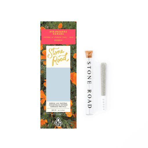 Stone Road Strawberry Banana Hybrid cannabis pre-roll packaging and tube on white background.