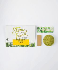 Stone Road Super Lemon Diesel Sativa packaging with hemp flower, sustainability-focused design.