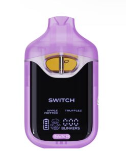 Purple vaping device with Switch branding, featuring Apple Fritter and Trufflez flavors, digital display, and battery icon.