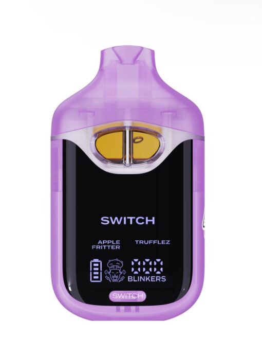 Purple vaping device with Switch branding, featuring Apple Fritter and Trufflez flavors, digital display, and battery icon.