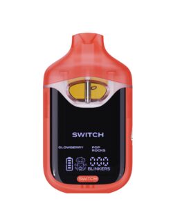 Red vape device with Switch branding, featuring Glowberry and Pop Rocks flavors. Digital display with battery indicator.
