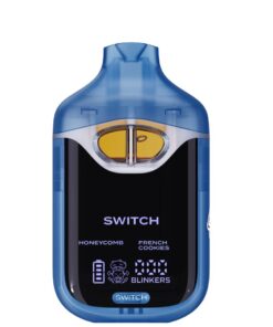 Blue vaporizer with dual flavors, Honeycomb and French Cookies, displaying battery and blinkers indicator.