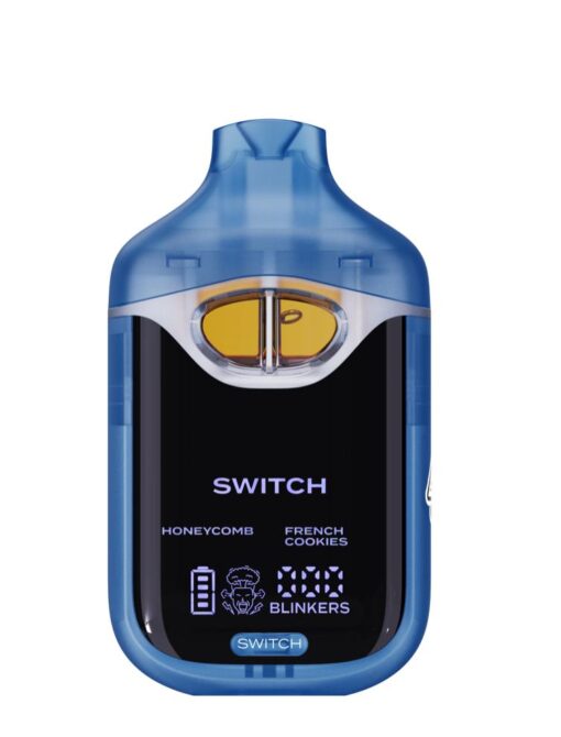 Blue vaporizer with dual flavors, Honeycomb and French Cookies, displaying battery and blinkers indicator.