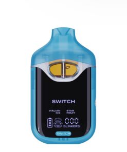 Blue and black electronic vaping device with dual flavor switches for Italian Ice and Star Fruit.