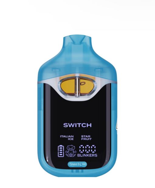 Blue and black electronic vaping device with dual flavor switches for Italian Ice and Star Fruit.