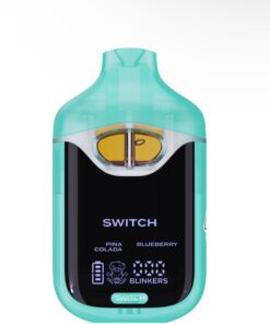 Teal and black electronic vape device labeled SWITCH with flavors Pina Colada and Blueberry displayed.