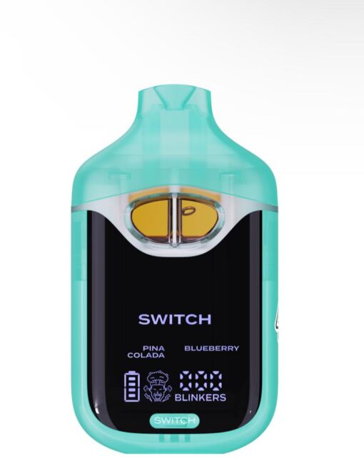 Teal and black electronic vape device labeled SWITCH with flavors Pina Colada and Blueberry displayed.