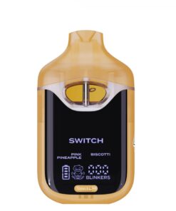 Golden vape switch with pink pineapple and biscotti flavors; features digital display and ergonomic design.