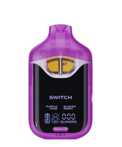 Purple vape device with dual flavors: Purple Haze and Blinker Berry. Digital display with blinker counter and battery icon.