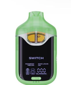 Green vape device with Switch branding, displaying flavors Rainbow Melon and King Louis OG, alongside digital interface.
