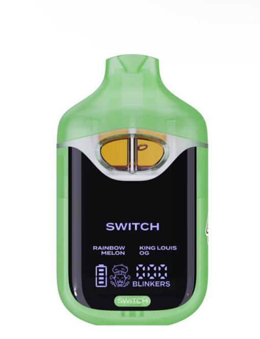 Green vape device with Switch branding, displaying flavors Rainbow Melon and King Louis OG, alongside digital interface.