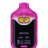Pink vape pod device labeled Switch with flavors Sour Tangie and Grape Soda, featuring a digital battery indicator.