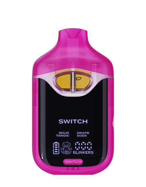 Pink vape pod device labeled Switch with flavors Sour Tangie and Grape Soda, featuring a digital battery indicator.