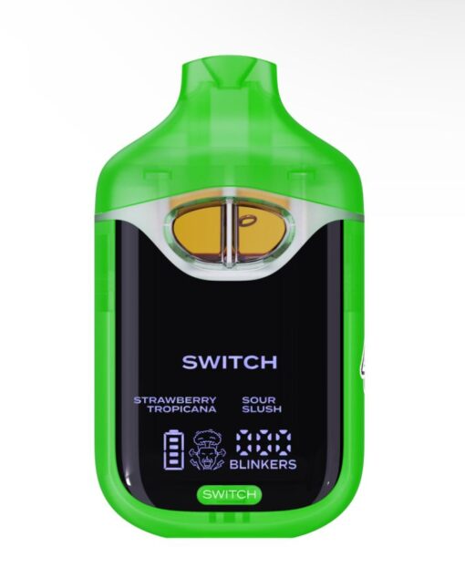 Green vape device with dual flavors: Strawberry Tropicana and Sour Slush. Display shows battery and puff count.