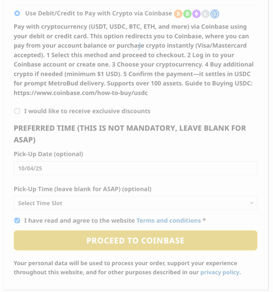 How to Pay with Coinbase (easy and fast setup) 7 How to Pay with Coinbase (easy and fast setup) MetroBud Weed Delivery in NYC | Brooklyn Weed Delivery | Cannabis Product Reviews