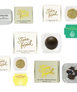 Various cannabis products in colorful packaging.