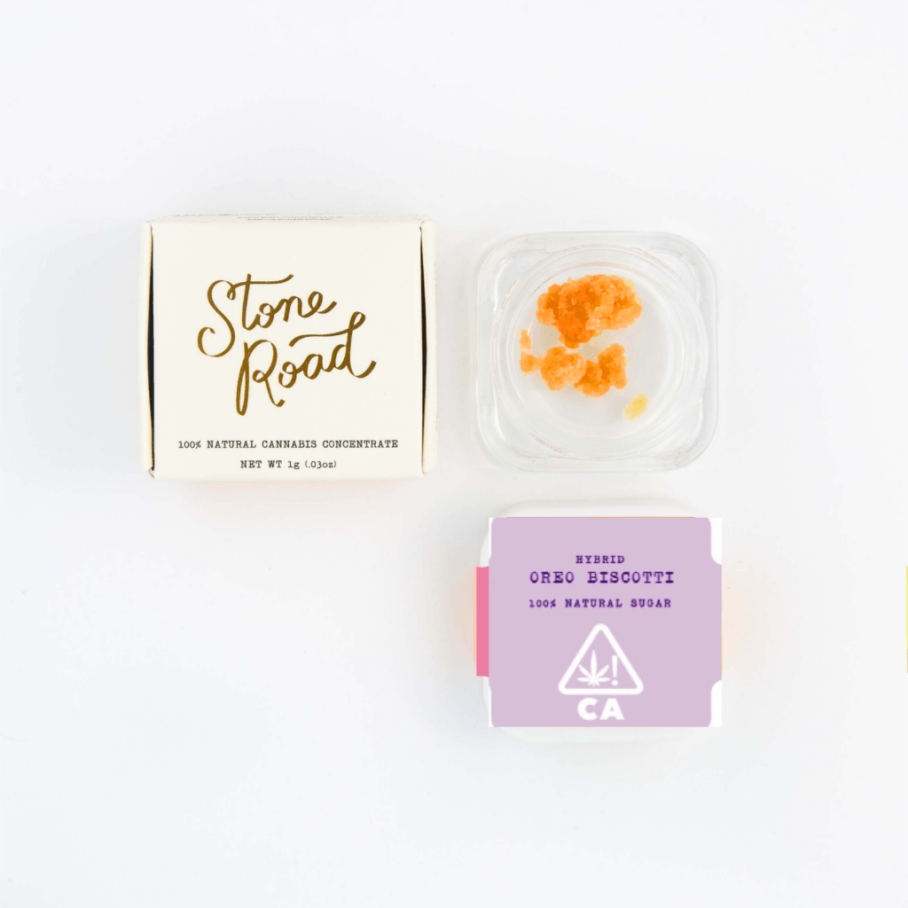Stone Road cannabis concentrate and Oreo Biscotti hybrid, showcasing high-quality natural products in elegant packaging.