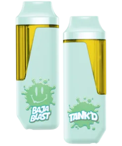 Baja Blast and Tank'd flavored vape bottles with vibrant branding and playful design. Perfect for trendy vape enthusiasts.