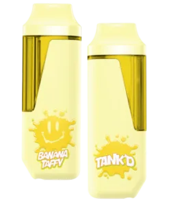 Tank'd Banana Taffy vape device, featuring a vibrant yellow design and playful branding. Perfect for a sweet vaping experience.