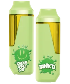 Tank'd Green Apple Gas vape pen with vibrant green design and splash graphics showcasing fun flavor.