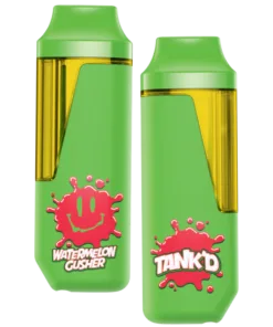 Green vape bottles labeled Watermelon Gusher and Tank'd, featuring colorful splash graphics.