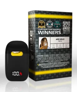 Alt text: APE Gold vaporizer and award-winning sativa strain packaging featuring relaxation and sleep benefits.
