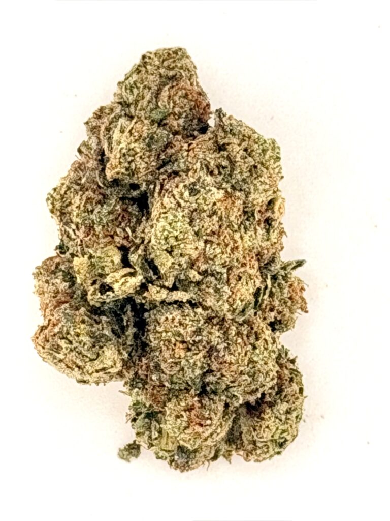 Close-up view of premium cannabis bud, showcasing its rich green and orange hues with a frosty appearance.