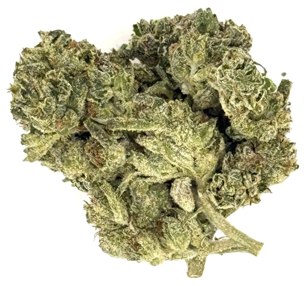 Close-up of green cannabis buds with frosty trichomes, showcasing texture and richness of the strain.