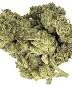 Close-up of green cannabis buds with frosty trichomes, showcasing texture and richness of the strain.