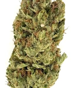 Close-up of a vibrant cannabis flower with rich green and orange hues, showcasing its texture and trichomes.