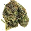 Close-up of a cannabis nug, showcasing its green and purple hues, rich trichomes, and unique texture.