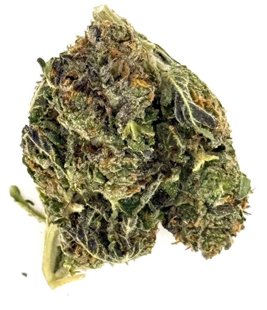 Close-up of a cannabis nug, showcasing its green and purple hues, rich trichomes, and unique texture.