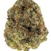 Close-up of a green cannabis bud showcasing its dense trichomes and natural textures on a white background.