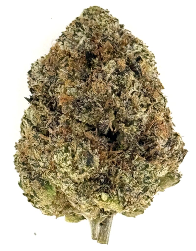 Close-up of a green cannabis bud showcasing its dense trichomes and natural textures on a white background.
