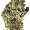 Close-up of a green cannabis bud with rich trichomes and textured leaves, showcasing its diverse colors and structure.