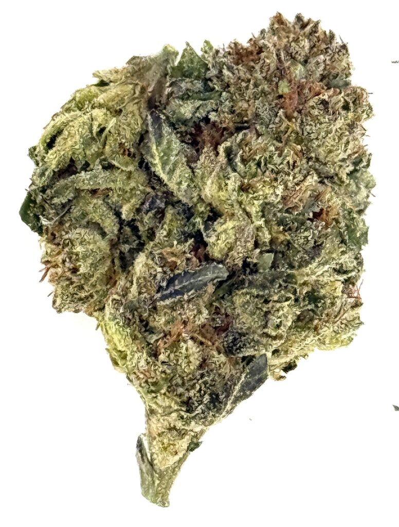 Close-up of a dense cannabis bud showcasing vibrant green hues and frosty trichomes, ideal for recreational use.