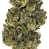 Close-up of a vibrant cannabis bud showcasing rich green colors and trichome crystals against a white background.