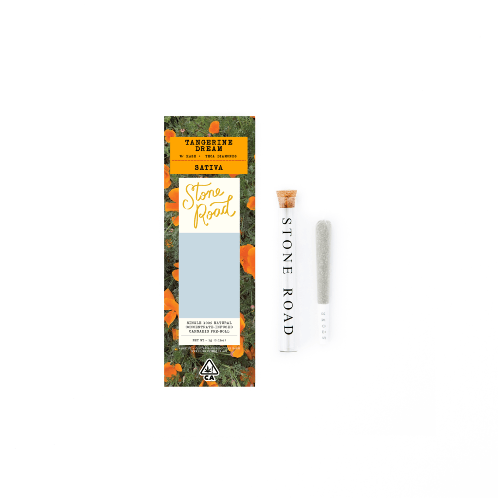 Stone Road's Tangerine Dream pre-roll, a sativa strain in eco-friendly packaging, perfect for uplifting experiences.
