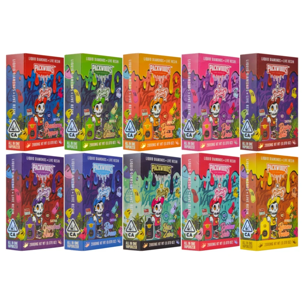 Colorful Packwoods vape boxes featuring liquid diamonds and live resin, showcasing various flavors and designs.