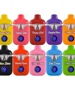 A colorful assortment of ten vape devices, each labeled with unique flavors like Banana Foster and Pink Drank.