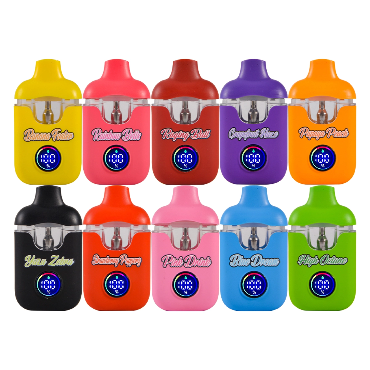 Banana Foster - 2g Live Resin Disposable Vape | Packwoods 2 A colorful assortment of ten vape devices, each labeled with unique flavors like Banana Foster and Pink Drank.