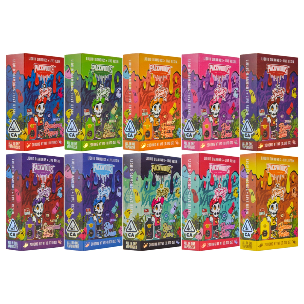 Banana Foster - 2g Live Resin Disposable Vape | Packwoods 1 Colorful Packwoods vape boxes featuring liquid diamonds and live resin, showcasing various flavors and designs.