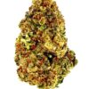 Close-up of a colorful cannabis bud featuring trichomes, vibrant hues of green, orange, and yellow against a white background.