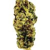 Close-up of a green and brown cannabis bud on a white background, showcasing its dense trichomes and rich texture.