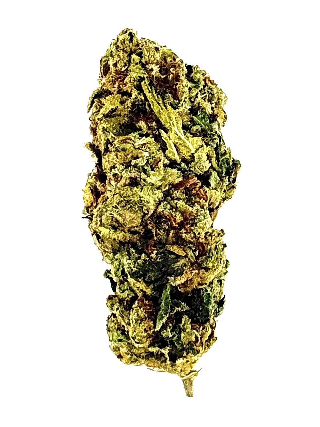 Cherry AK47 (Ounce) 1 Close-up of a green and brown cannabis bud on a white background, showcasing its dense trichomes and rich texture.