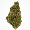 Close-up view of a vibrant green cannabis bud with rich textures and hints of brown, isolated on a white background.