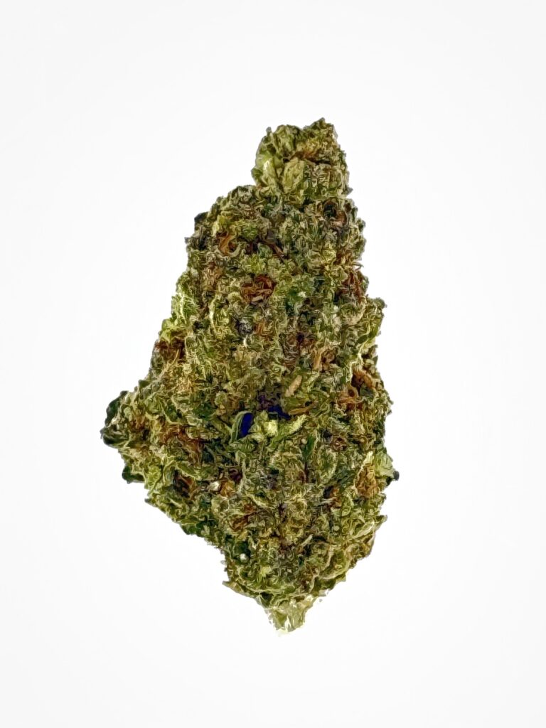 Close-up view of a vibrant green cannabis bud with rich textures and hints of brown, isolated on a white background.