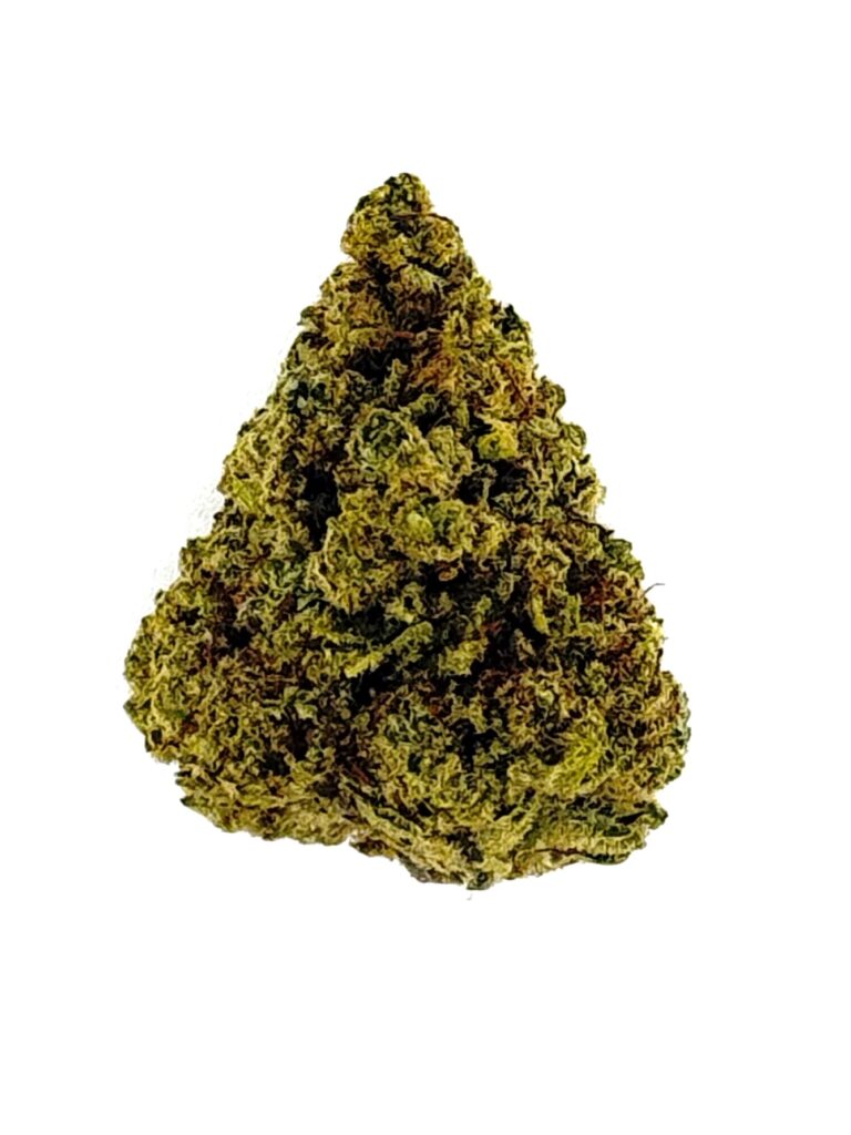 Close-up of a cannabis bud showcasing dense, green foliage and rich texture against a white background. Perfect for herbal use.
