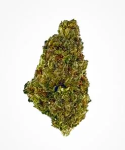 Close-up of premium cannabis bud with vibrant green and golden hues, showcasing rich trichomes and texture details.